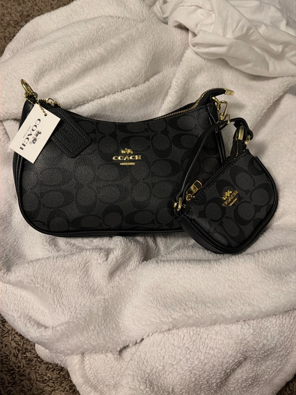 COACH Black Signature Crescent Shoulder Bag with Matching Mini Pouch